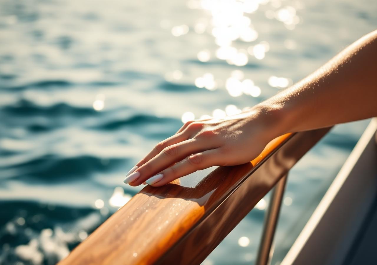 A hand resting on the polished railing of a boat on an Italian lake